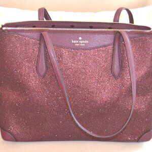 Kate Spade New York Glitter Top Zip Large Tote Shoulder Bag Burgundy